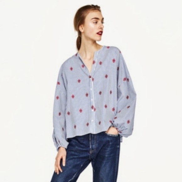Zara Woman Blue Striped Button Down Embroidered Balloon Sleeve Blouse Size XS - Picture 2 of 7